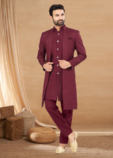 Exclusive Contrasting maroon Thread and Detailed Embroidery Work Indo Western, Sherwani | Indian Traditional Mens Wear
